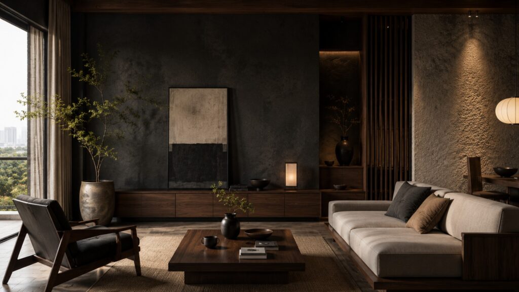Dark Japandi: How Walnut Timber, Charcoal Walls & Limewash Finishes Are Replacing India’s All-White Minimalism