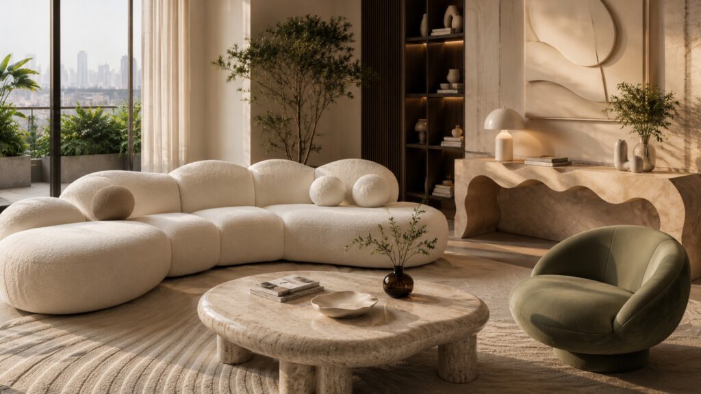 Sculptural Furniture Trend: Cloud Sofas, Pebble Tables & Wave-Edge Consoles Reshaping Indian Living Rooms
